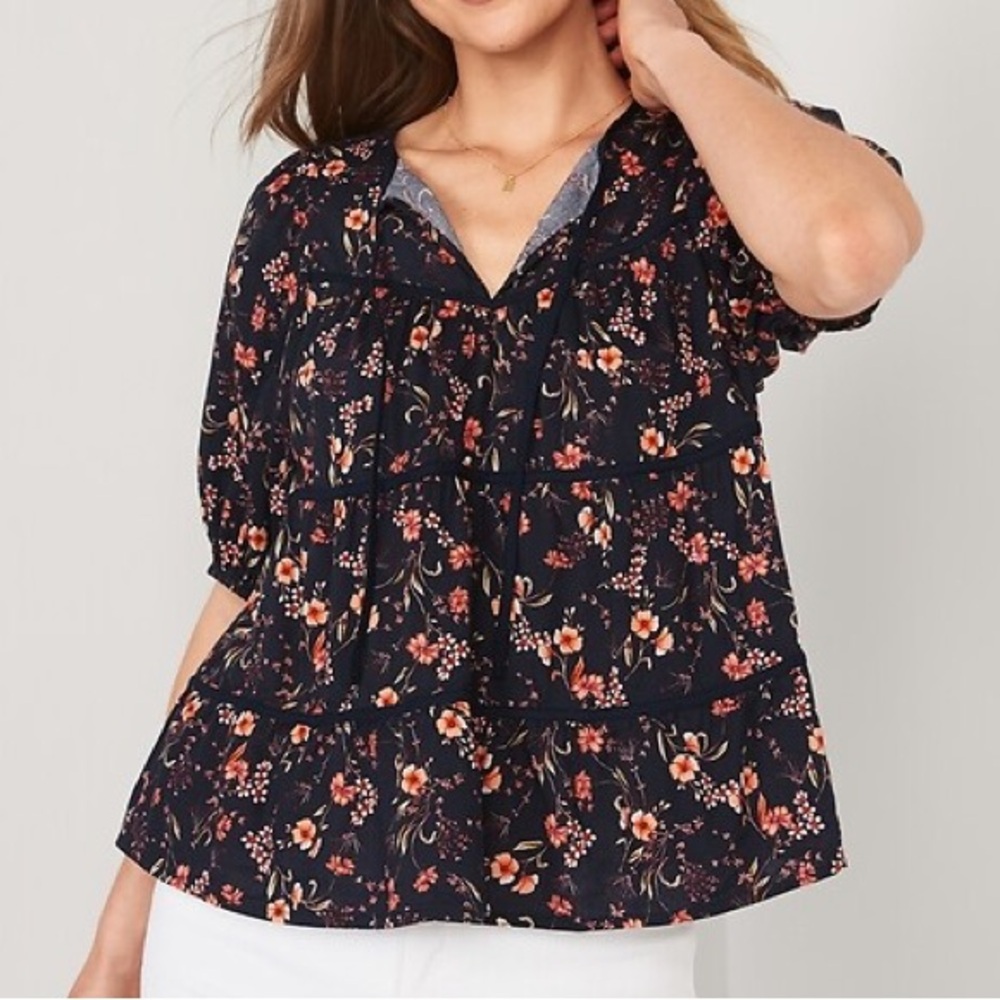 OLD NAVY Puff Sleeve Floral Tiered Swing Blouse Navy Blue Short Sleeve Peasant S